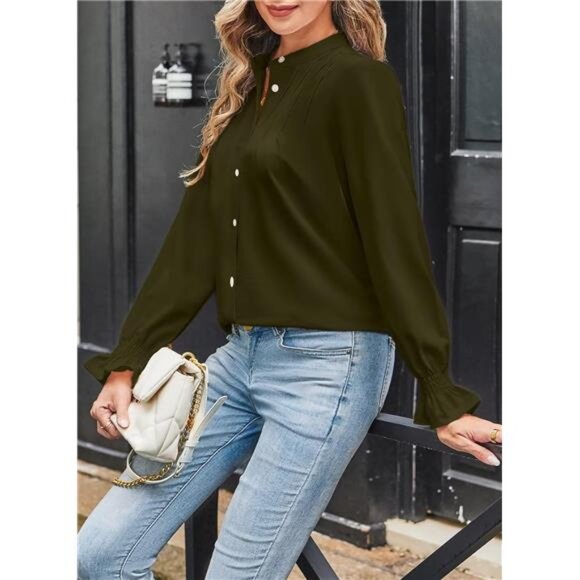 Women’s Chiffon Button Down Blouse | Pleated Mandarin Collar Tunic Top - Picture 6 of 6